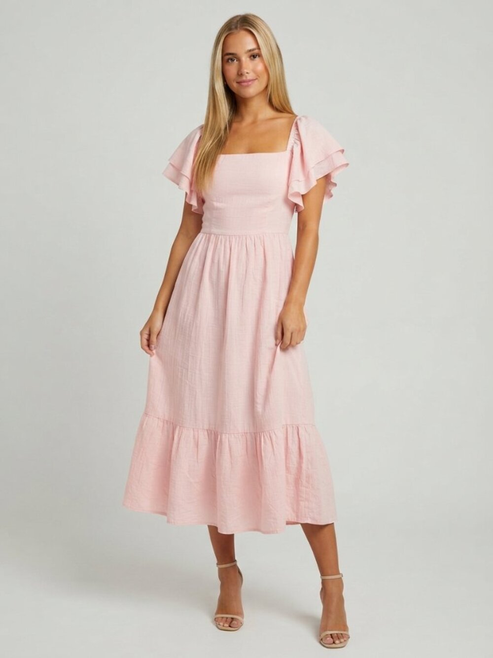 Listicle Women's Pastel Pink Ruffle-Sleeve Midi Dress Size Medium 39799